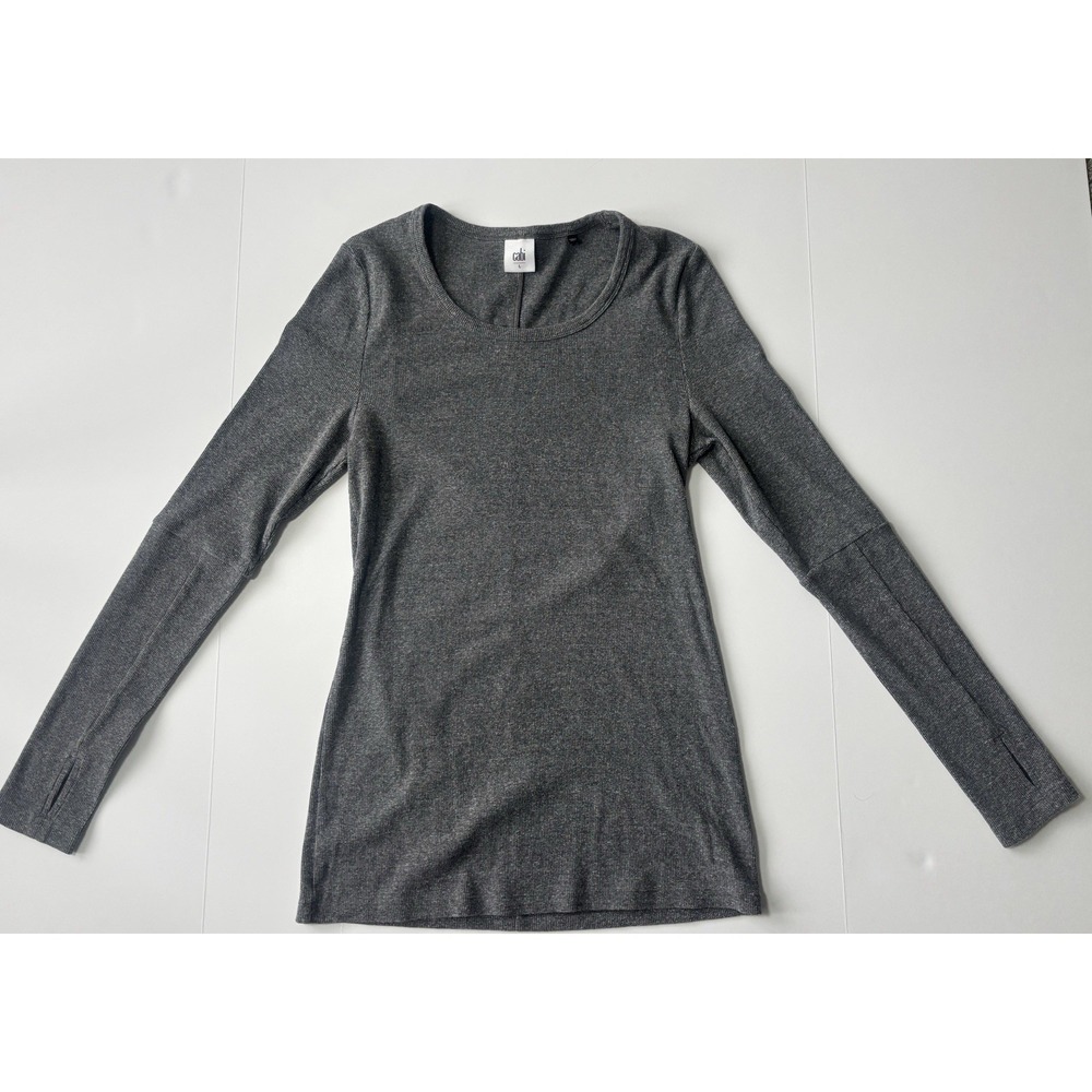 Cabi Womens Heathered Gray Ribbed Knit Long Sleeve Scoop‎ Neck Top Thumbholes L